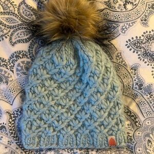 Blue Shit That I Knit Hat with Faux Fur Pom